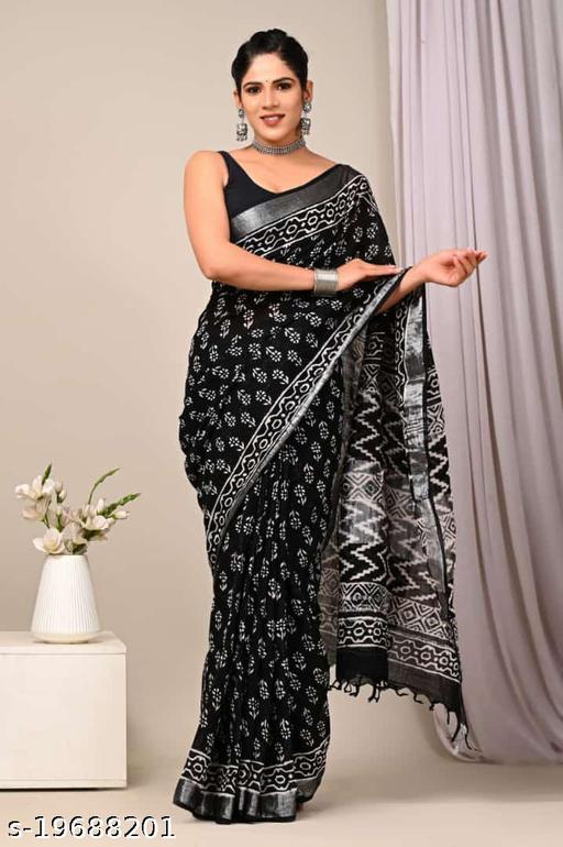 Hand Block Kalamkari Batik Indigo Ajrakh Printed Cotton Linen Saree With Blouse For Women's