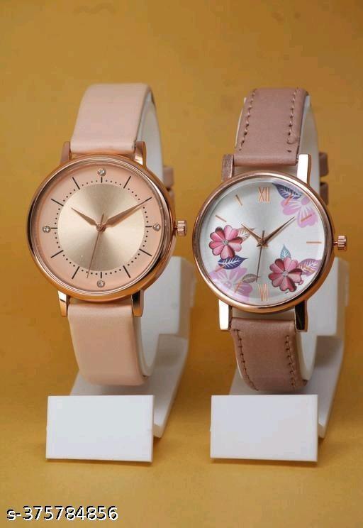 High Quality Flower Designer Round Dial Fancy Leather Belt Women Analog Watches Combo Pack of 2