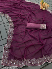 Women's Georgette Handloom Diamond Work Saree with Separate Blouse Piece