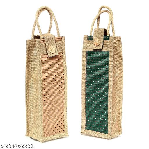 (Green & Beige) Buy 2-Pack Water Bottle Bag, Jute Wine Bottle/Mini Lunch Box Carry Cover with Handles & Safety Cover with Button