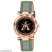 Skoal Analog Round Black Dial ALPHABET A Design Stylish Green Leather Strap Classic Design Fancy Wrist Watch for Women and Girls, Pack of 1 - ALPHA-A-GEN-RG-GRN-L