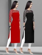 Pack of 1 Casual American Crepe And Net Round-Neck 3/4 Length Sleeves Red & Black Kurti (42"Inches)