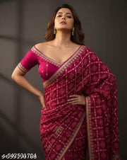 Women's Bandhani Printed Silk Box Embroidered Work Saree with Unstitched Blouse