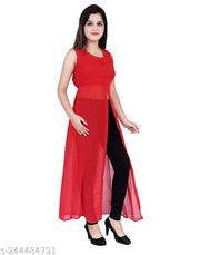 Shimao Women's Solid Georgette Front High-Slit Sleeveless Long Kurti