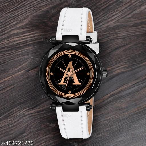 Talgo Analog Round Black Dial ALPHABET A Design Stylish White Leather Strap Classic Design Fancy Wrist Watch for Women and Girls, Pack of 1 - ALP-A-GEN-BK-WHT-L