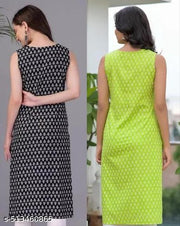 Printed Kurti Combo | Sleeveless Rayon | Black & Green | Ethnic Wear for Women