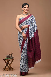 Jaipuri Hand Block Printed Soft Cotton Mulmul Saree ,Sanganeri Cotton Malmal Saree, Bagru Cotton Saree, Batic / Batik Print Cotton saree In Super Fine 92*80 Fabric Quality With Attached Blouse Piece for Woman