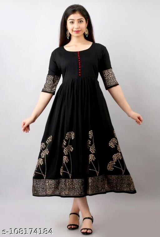 women's Rayon Printed Long Flared Anarkali Kurti