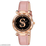 Skoal Analog Round Black Dial ALPHABET S Design Stylish Peach Leather Strap Classic Design Fancy Wrist Watch for Women and Girls, Pack of 1 - ALPHA-S-GEN-RG-PCH-L