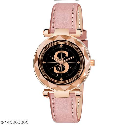Skoal Analog Round Black Dial ALPHABET S Design Stylish Peach Leather Strap Classic Design Fancy Wrist Watch for Women and Girls, Pack of 1 - ALPHA-S-GEN-RG-PCH-L