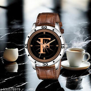 Femeo  Analog 9109 Watches Round Black Dial F Design Stylish Brown Leather Strap Classic Design Fancy Wrist Watch for Men and Boys, Pack of 1 - A07ZALPHA-F-AVO-SIL-DBRW-CRL