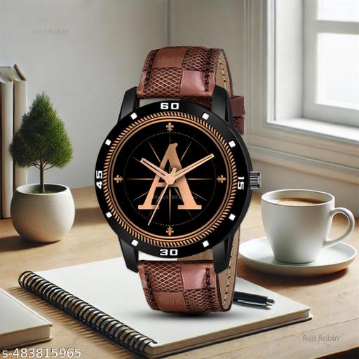 PS WATCHES Analog Round Black Dial ALPHA1BET A Design Stylish Brown Leather Strap Classic Design Fancy Wrist Watch for Men and Boys, Pack of 1 - ALPHA1-A-AVO-BLK-BRW-CHL