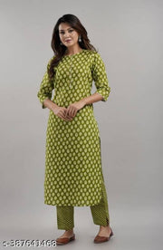 Stylish Green Cotton Printed Kurta Set with Dupatta for Women