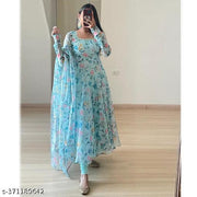 Divine Sky Blue Floral Georgette Anarkali Gown Set