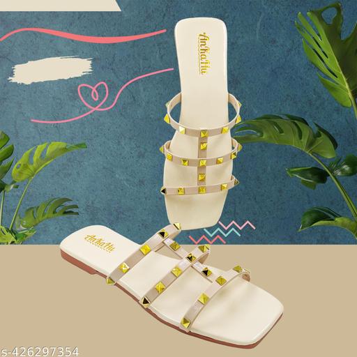 AnKaHu women flats for women Cream Beige stylish partywear new model latest fashion Square Sole ladies footwear
