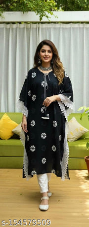 Kaftan for women  Black kaftan  Ikat print kaftan  Designer kaftan  Rayon kaftan  Kaftan with lace border  Stylish kaftan for girls  Daily wear kaftan  Festive kaftan dress  Boho ethnic kaftan