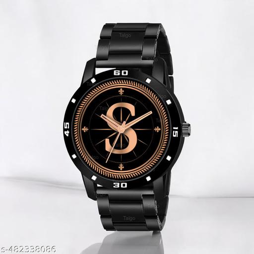 Natrix Analog Round Black Dial ALPHABET S Design Stylish Black Silicone Strap Classic Design Fancy Wrist Watch for Men and Boys, Pack of 1 - ALPHA-S-AVO-BLK-CDBLK