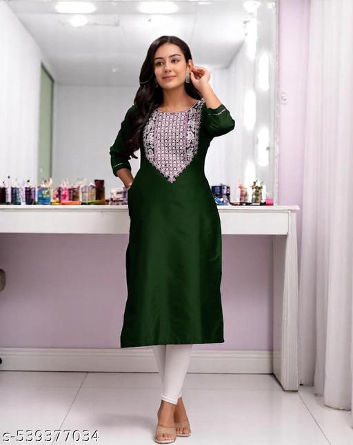 Meesho New Launch latest Very Beautiful Green Color Simple Straight Embroidered Sequenca Work Designer Round Neck Women Kurti Kurta Dress