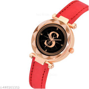 Skoal Analog Round Black Dial ALPHABET S Design Stylish Red Leather Strap Classic Design Fancy Wrist Watch for Women and Girls, Pack of 1 - ALPHA-S-GEN-RG-RED-L