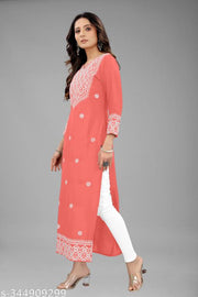 Women Embroidered Cotton Rayon Straight Kurta  (Purple)