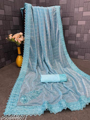 SHIMMER SAREE WITH MIRROR WORK AND CHEMICAL LACE AND DIMOND HAND WORK