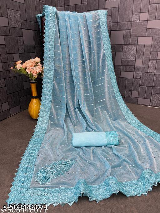 SHIMMER SAREE WITH MIRROR WORK AND CHEMICAL LACE AND DIMOND HAND WORK
