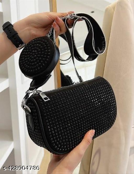 Rhinestone Exotic Decor Bag with Detacheable Shoulder Strap Crossbody Broad Sling Belt with Coin Purse for Girls & Women Black