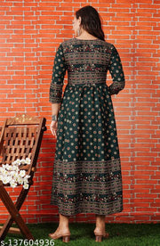 Shree Ganesh fashion's Rayon Anarkali Printed Green Gold Gold  Kurti for women