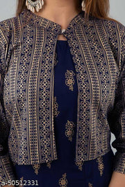 Women Printed A-line Kurti with Jacket  (Navy Blue)