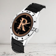 Welix Analog Round Black Dial ALPHABET R Design Stylish Black PU Strap Classic Design Fancy Wrist Watch for Men and Boys, Pack of 1 - ALPHA-R-AVO-SIL-CDBLK