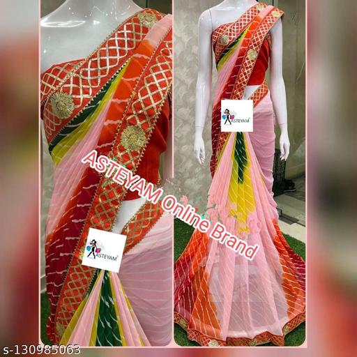 ASTEYAM NEW COLLECTIONS WITH GOTTA BORDER TRADITIONAL COLOURS.GEORGETTE SAREE ..AWESOME QUALITY.BEAUTIFULL LAHERIA ALL OVER SAREE, WITH FULL FINISH BOUTIQUE LOOK.LINKED WITH GOTTA BORDERS.UNSTITCHED BLOUSE.