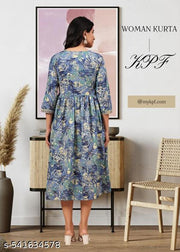 Floral Printed V-Neck Cotton A-Line Kurta