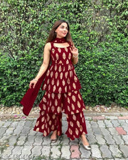 New Gorgeous Sharara MAROON Rayon Fabric Kurti With Net Dupatta For Occasional/Daily Wear