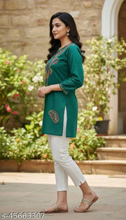 Trendy Petite chikankari handwork embroidered multi thread green short cotton Kurtis