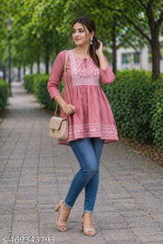 Designer Embroidered Short Kurti for Women | Trendy Ethnic & Western Fusion Top for Office, College & Festive Wear | Rayon Fabric