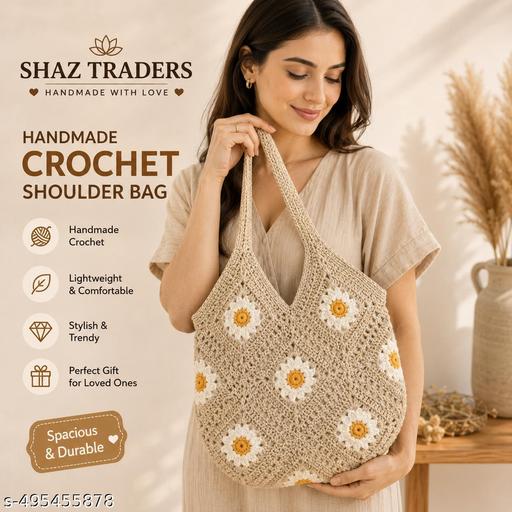 SHAZ TRADERS Handmade Crochet Shoulder Bag for Women | Floral Design Handcrafted Tote Bag