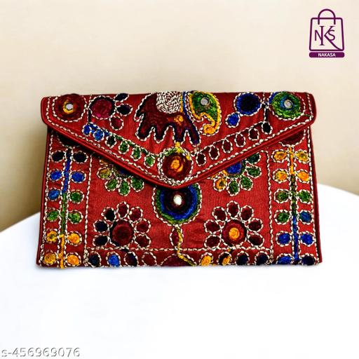 NAKASA Women's Jaipuri Handmade Damru Embroidery Small Red Clutch Bag