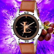 Femeo  Analog 9103 Watches Round Black Dial L Design Stylish Beige Leather Strap Classic Design Fancy Wrist Watch for Men and Boys, Pack of 1 - A07ZALPHA-L-AVO-SIL-TAN-PL
