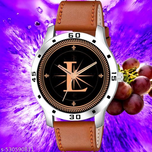 Femeo  Analog 9103 Watches Round Black Dial L Design Stylish Beige Leather Strap Classic Design Fancy Wrist Watch for Men and Boys, Pack of 1 - A07ZALPHA-L-AVO-SIL-TAN-PL