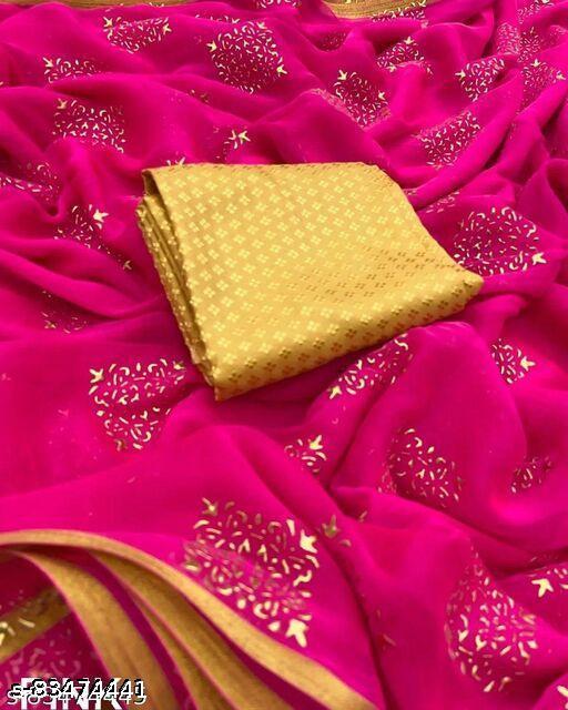 AnyTime's Poly Chiffon Pink Lace border Saree With Blouse