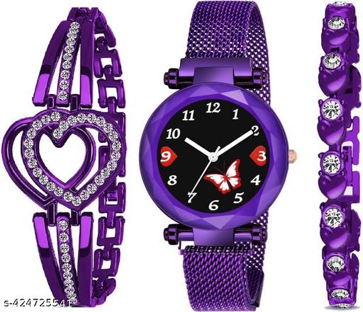 Butterfly Dial Magnetic Strap Watch And Fancy Bracelet Combo Set Girls