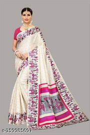 Women's Art Silk Kamamkari Printed Saree with Blouse Piece  