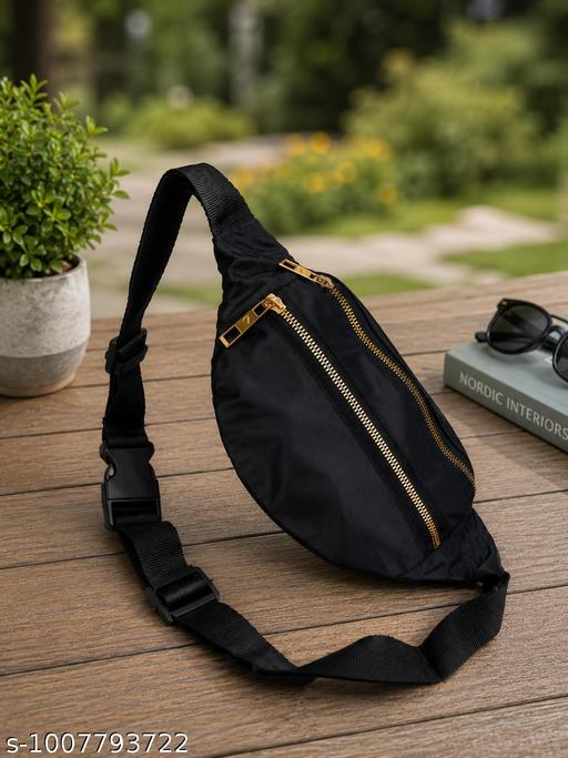 Premium Black Nylon Sling Bag | Waterproof Crossbody Chest Bag with Dual Gold Zippers & Adjustable Strap