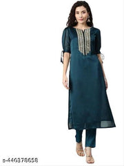 Aksharam Trends Women’s Georgette Kurta Set with Cotton Pant | V-Neck Kurti with Puffy Sleeves & Lace Embroidery | Elegant Party Wear Set with Pocket Pant – Available in Maroon, Wine & Morpich (S–XXL)