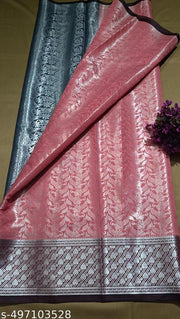 BANARASI SILK SAREE ,SILVER SAREE (BANARSI SILK SAREEE CONTRAST PALLU & BLOUSE PEACHCOLOUR