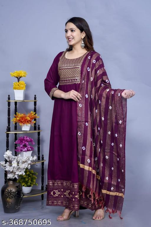 Jaipuri riyon long embroidery anarkali kurta with dupatta set