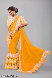 Women's Georgette Saree With Blouse Piece, Ruffle Frill Saree