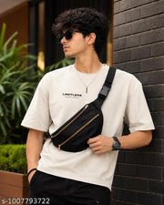 Premium Black Nylon Sling Bag | Waterproof Crossbody Chest Bag with Dual Gold Zippers & Adjustable Strap
