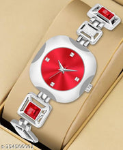 OHHO Premium Square Design Red Stone Studded & Silver Metal Bracelet Strap (Women-Ladies-Girls) Analog Watch - For Girls