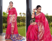 Attractive & Beautiful Soft Kanjivaram silk fabric banarasi style self designed zigzag saree with zari woven border & unstitched blouse